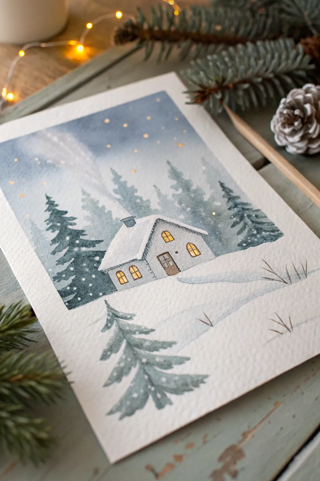 Tiny monochrome Christmas village watercolor with snowy roofs and warm window glow