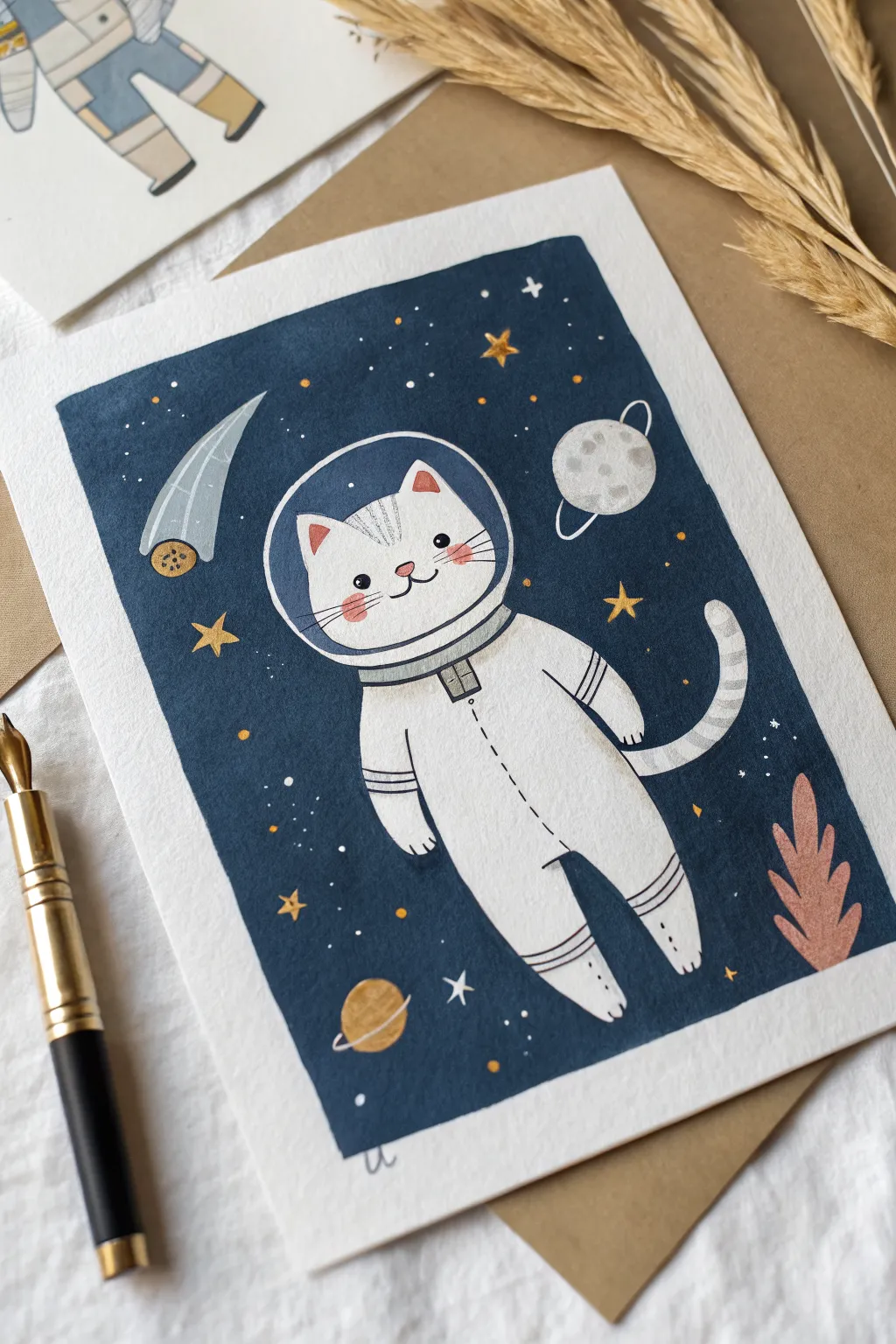 Draw a cozy space cat in a mini suit floating in calm indigo space, with tiny stars and rocket.