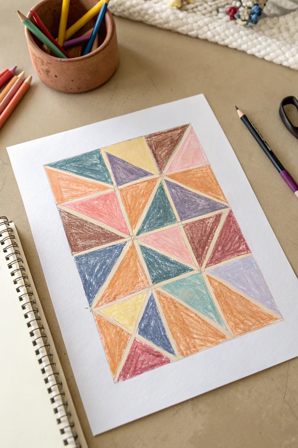 Bold abstract crayon mosaic with unexpected color pairings and rich wax texture, minimalist vibe