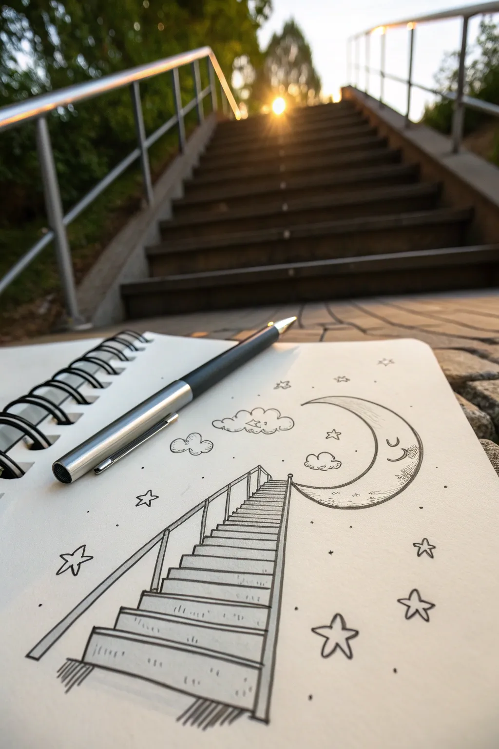 Dreamy floating steps up to a sleepy crescent moon, an easy cute sketch with calm minimal vibes