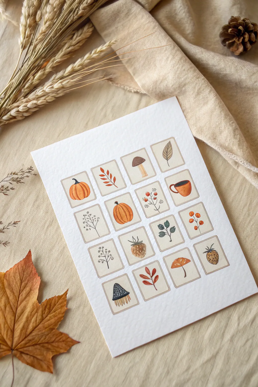 Mini fall painting sampler grid of tiny icons, cozy minimalist palette for easy inspiration
