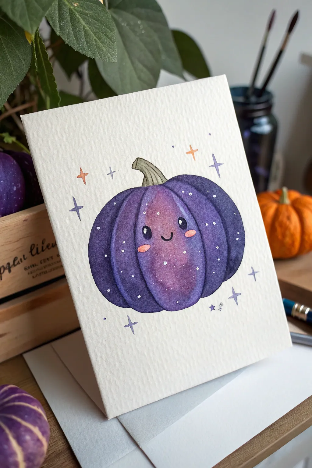 Galaxy shaded pumpkin with a simple cute face, deep purples and starry speckles for wow contrast
