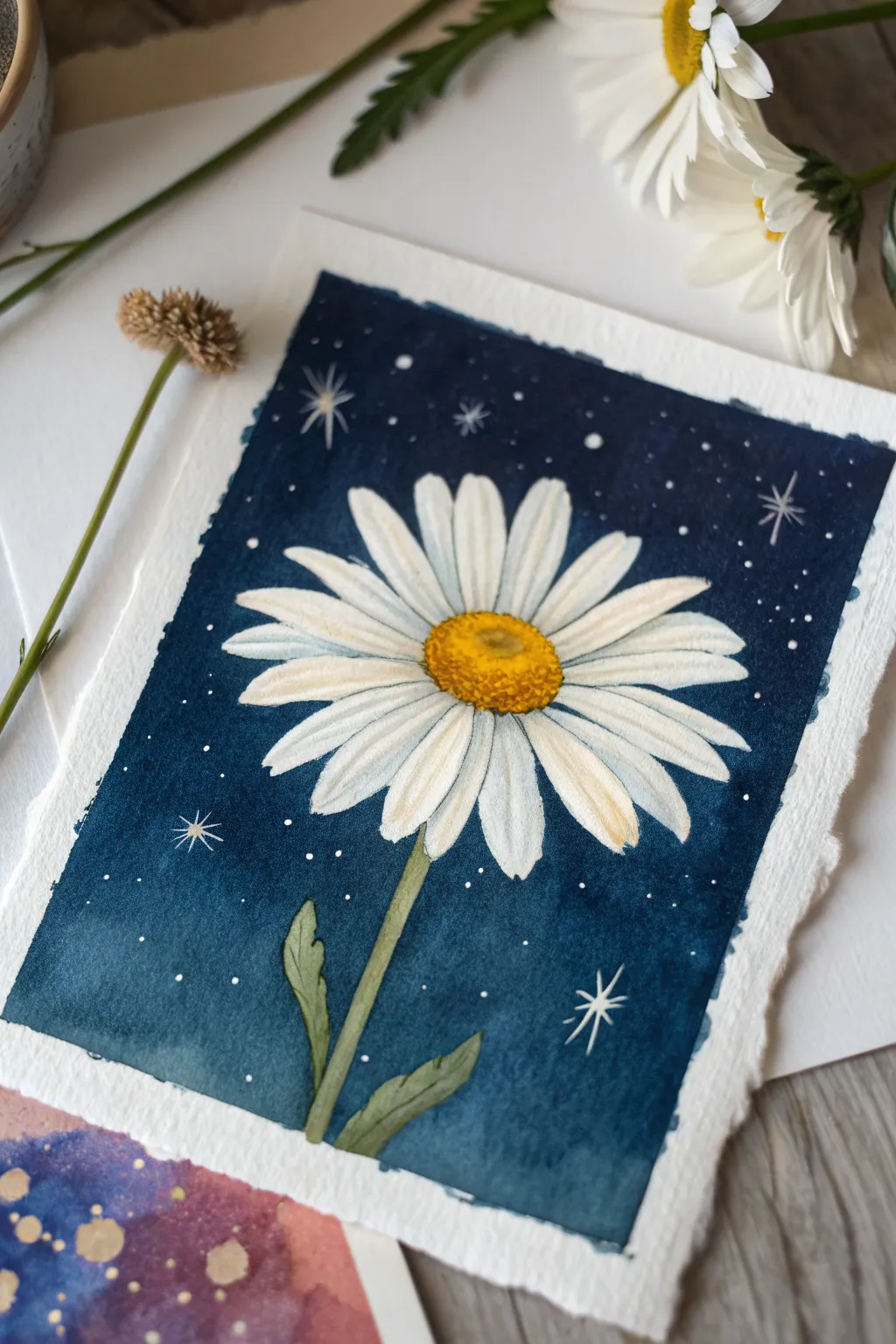 Glowing night-sky daisy in midnight indigo with starry splatter for a magical, minimalist look.