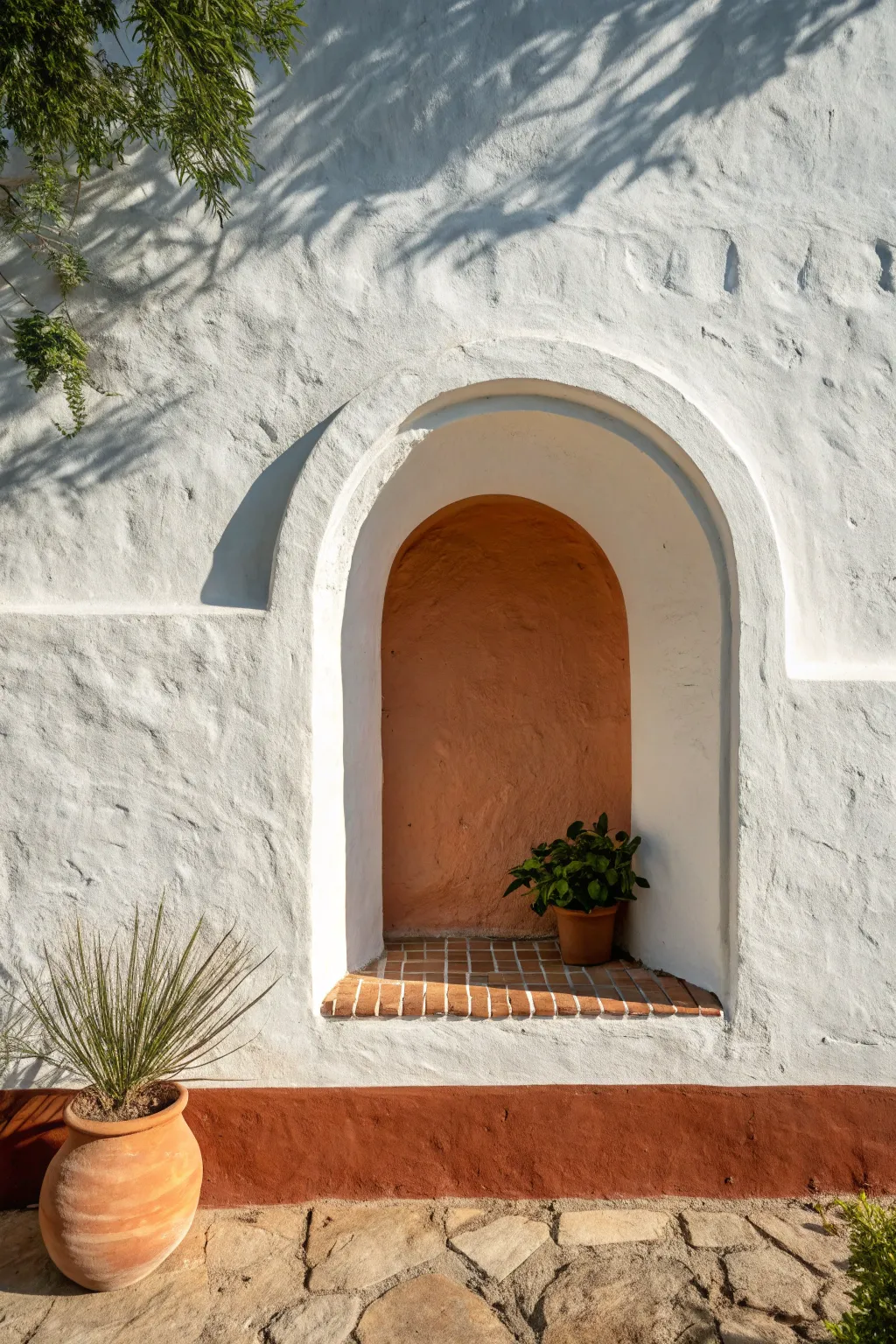 Hand-painted trompe loeil arch niche illusion, soft shadows and Scandinavian minimal warmth
