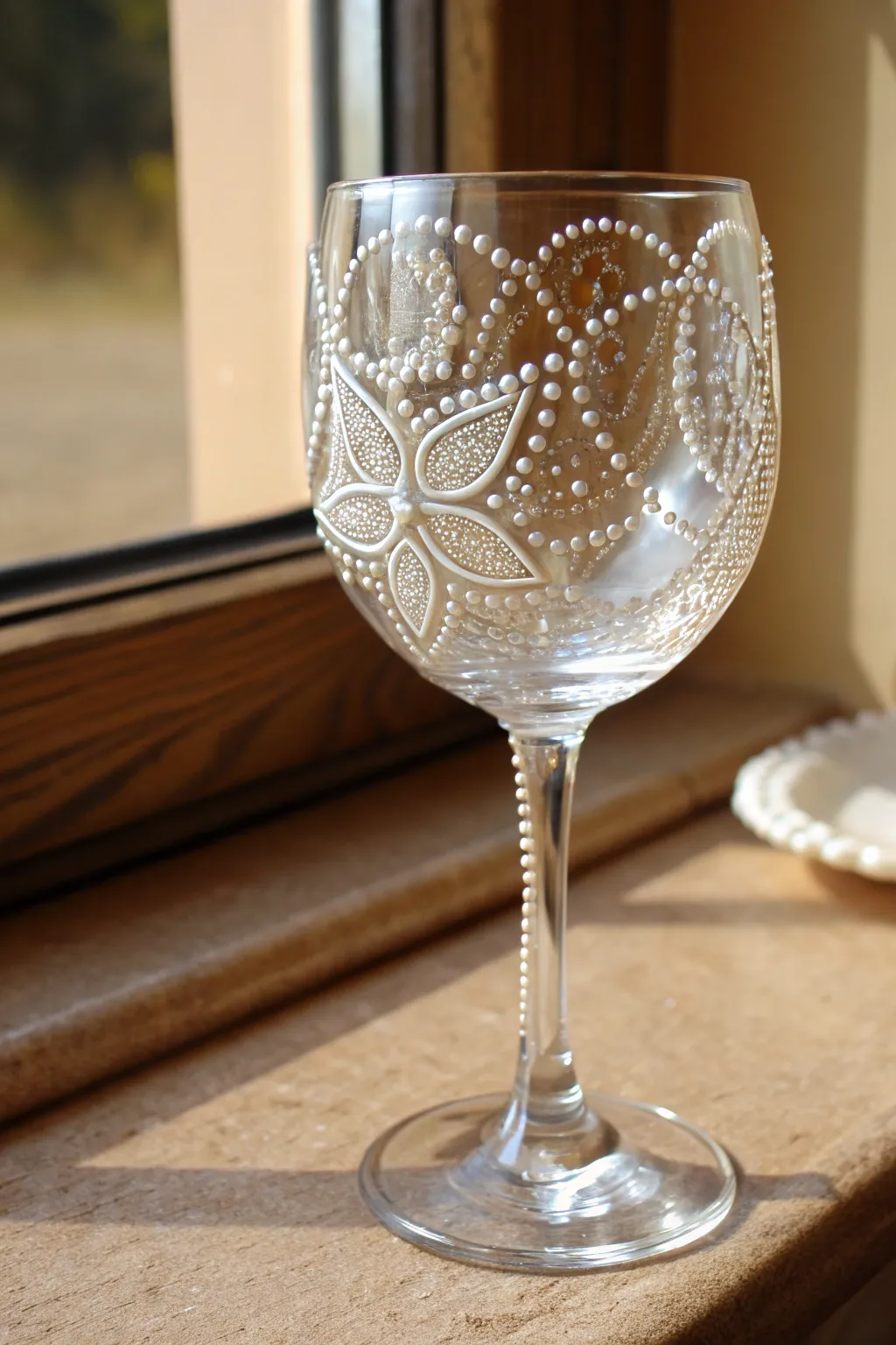 Raised paint dots and pearl accents transform a simple wine glass into textured DIY elegance