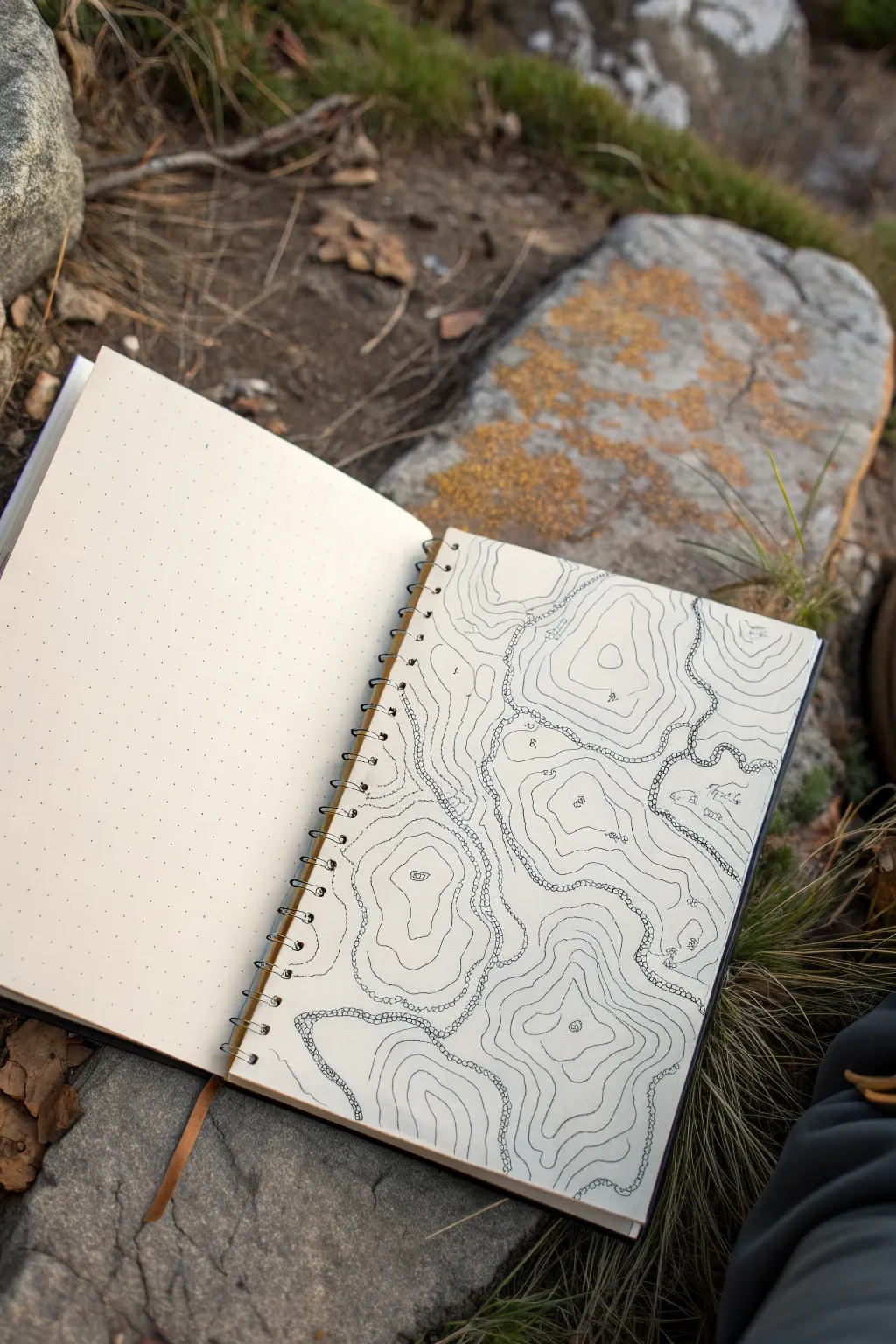 Abstract topographic lines meet calm color blocks for a modern, mindful paint-from-drawing idea.