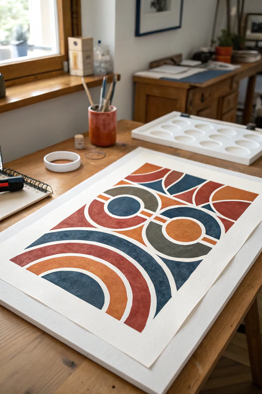 Crisp negative space arches and bold color blocks for an easy cut paper stencil abstract painting.