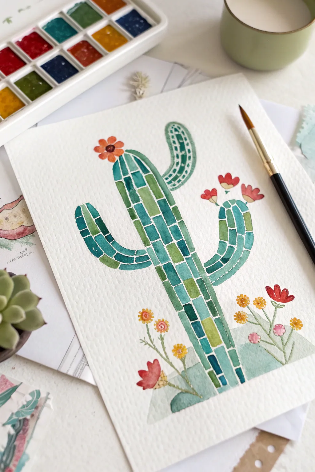 Abstract cactus mosaic in clean Scandinavian colors, easy tile blocks with bright accents