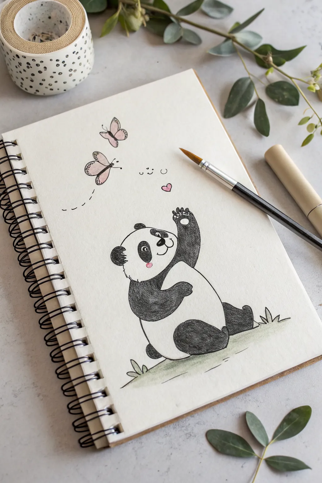 Cute minimalist panda with one paw raised, greeting a tiny butterfly friend near its nose