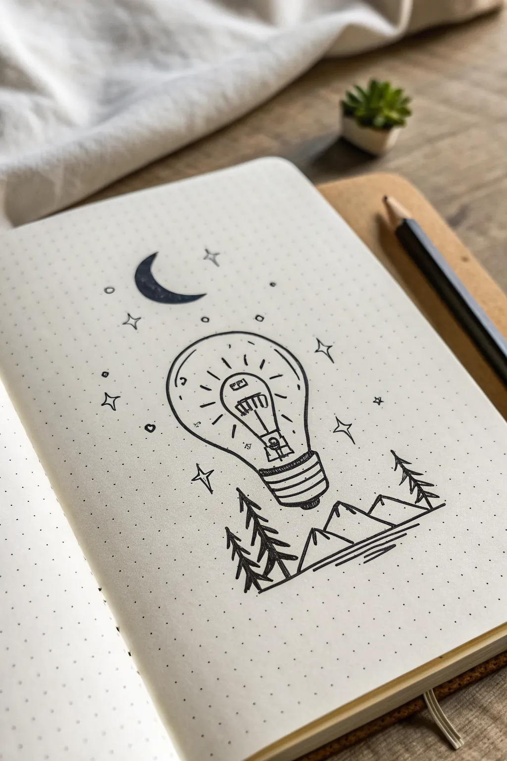 Tiny landscape inside a lightbulb doodle, a secret daydream for bored-in-class moments