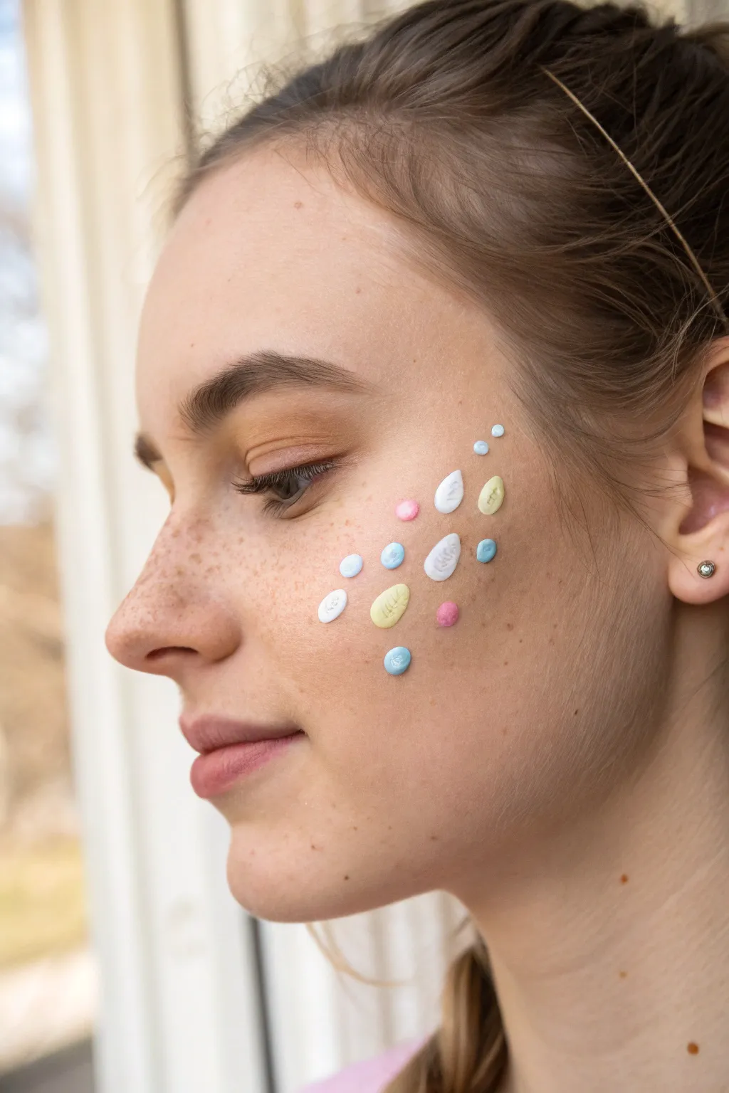 Tiny Easter egg freckle trail from cheekbone to temple, minimal and sweet face paint.