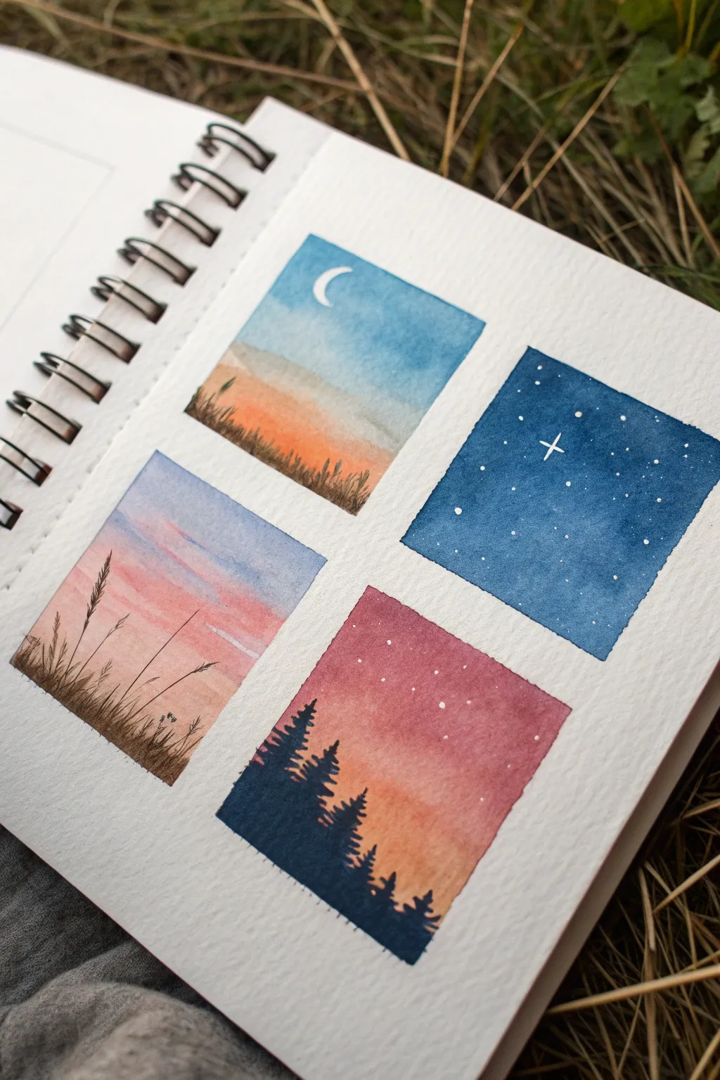 Four tiny sky studies, four moods: sunrise to midnight with simple horizons and smooth gradients.