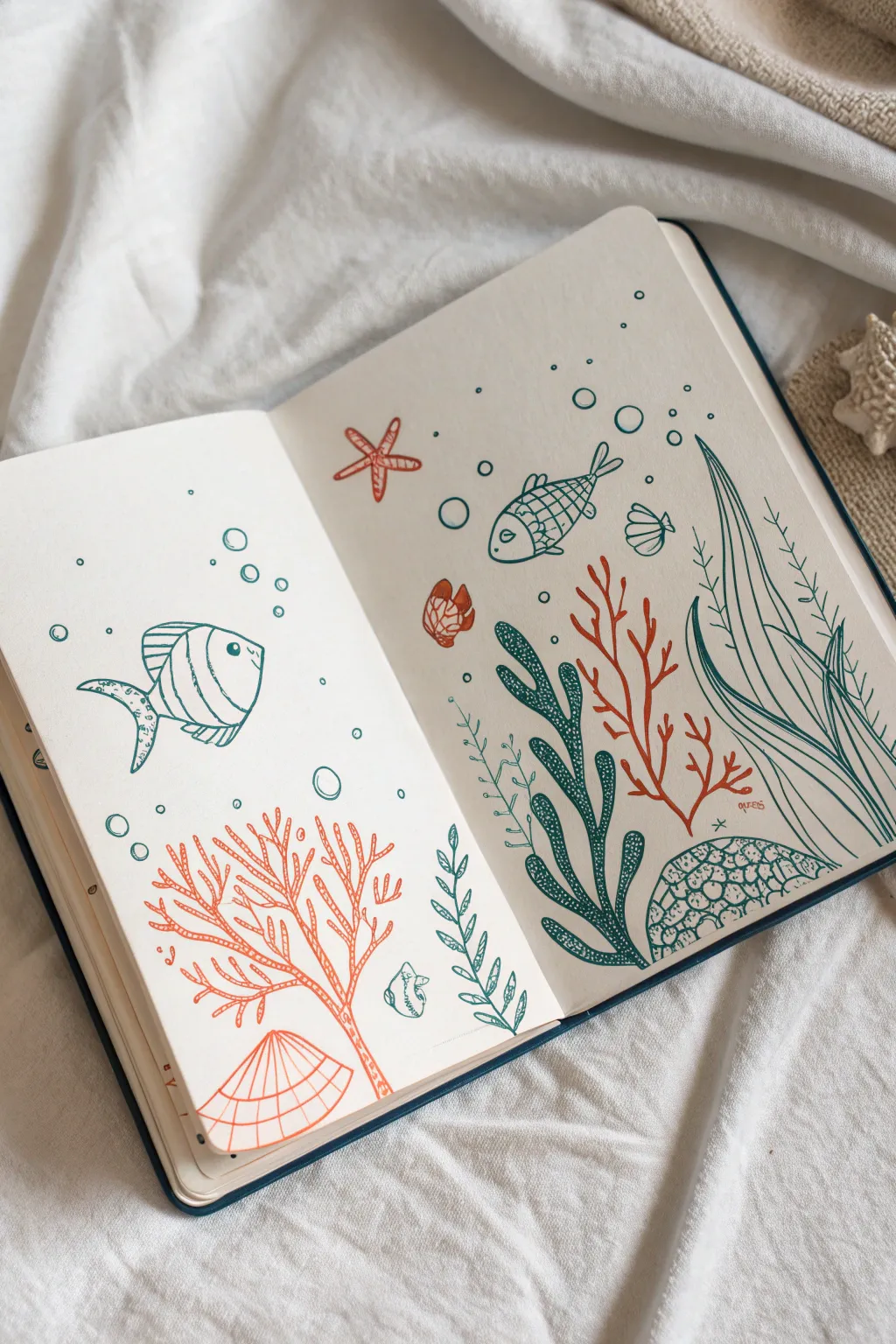 Two-color underwater doodle page with bold contrast and simple sea life shapes for beginners