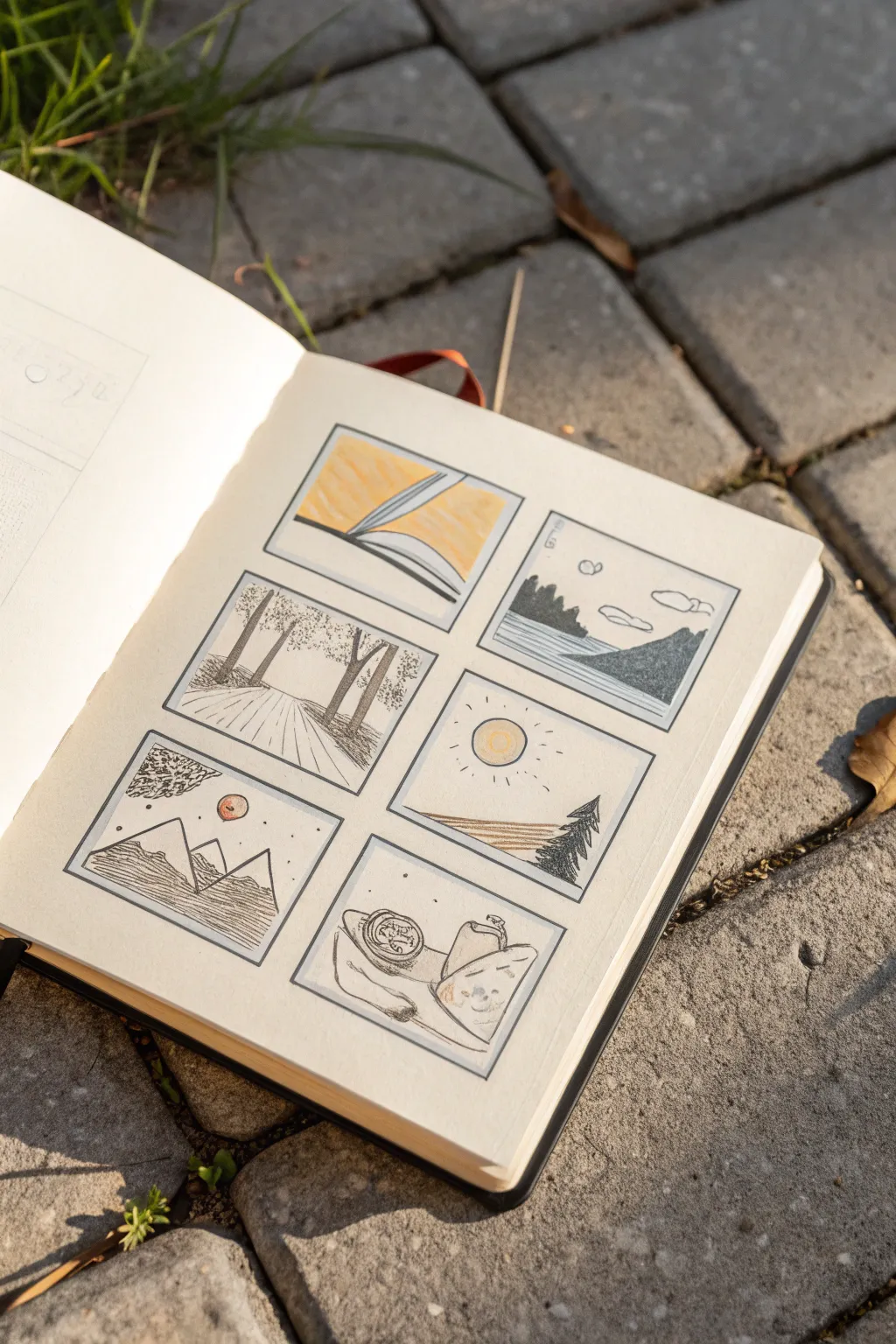 Seven mini comic panels for fresh elements of art drawing ideas in a soft Scandinavian boho look