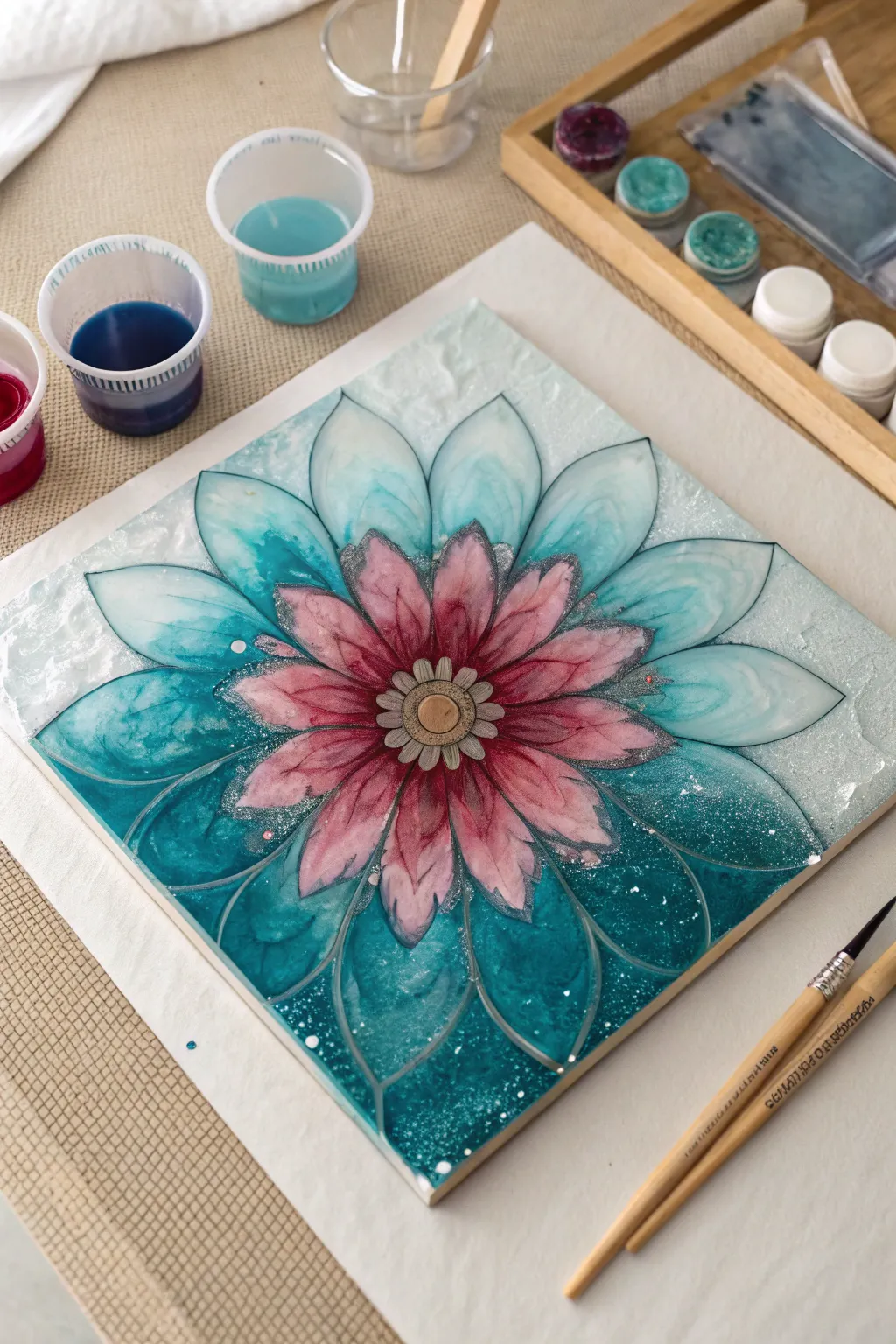 Petri Bloom epoxy resin panel in progress, dramatic ink cells on a clean Scandinavian work surface.