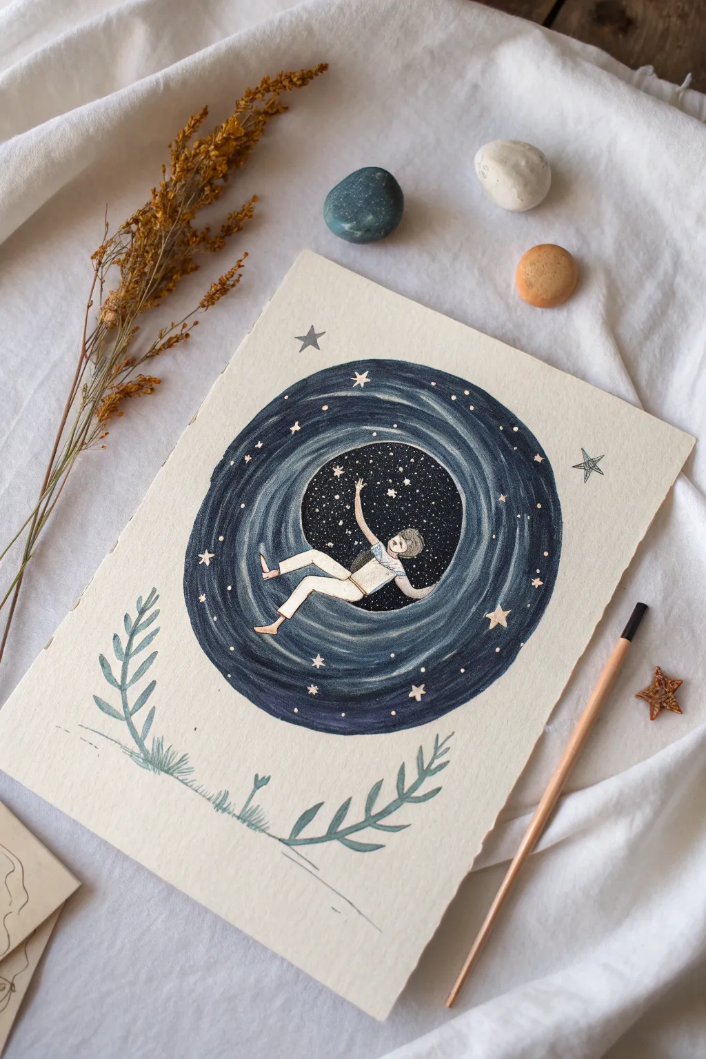 A falling figure plunges through a starry portal, bold contrast and dynamic foreshortening.