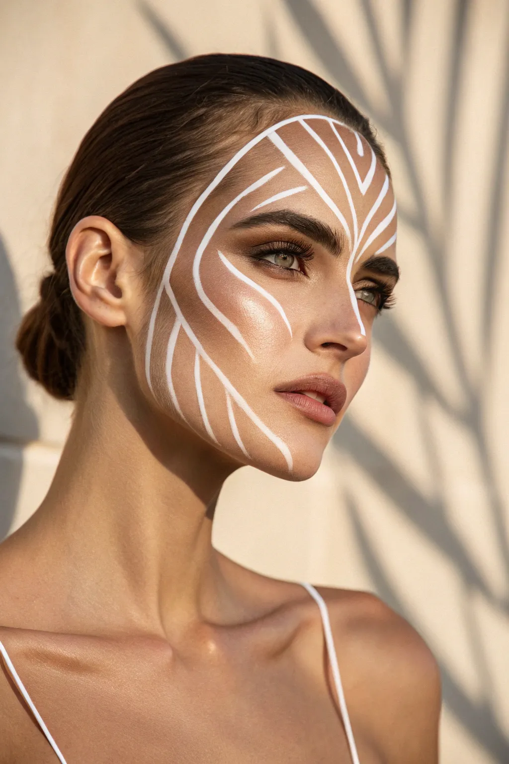 Bold optical illusion linework face paint in crisp black and white on a minimalist background.
