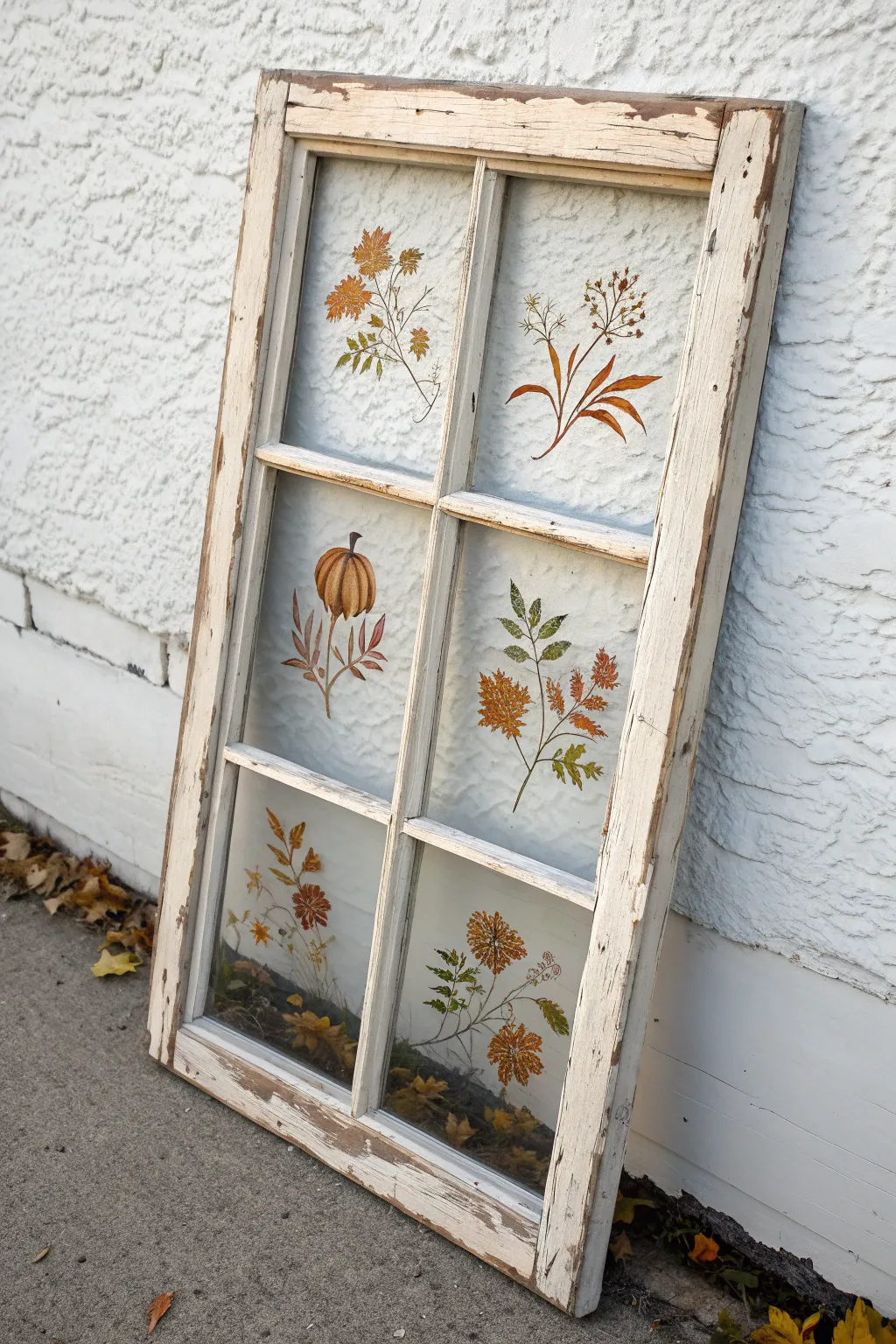 Paint autumn mini-scenes in each pane to turn a vintage window frame into cozy fall decor.