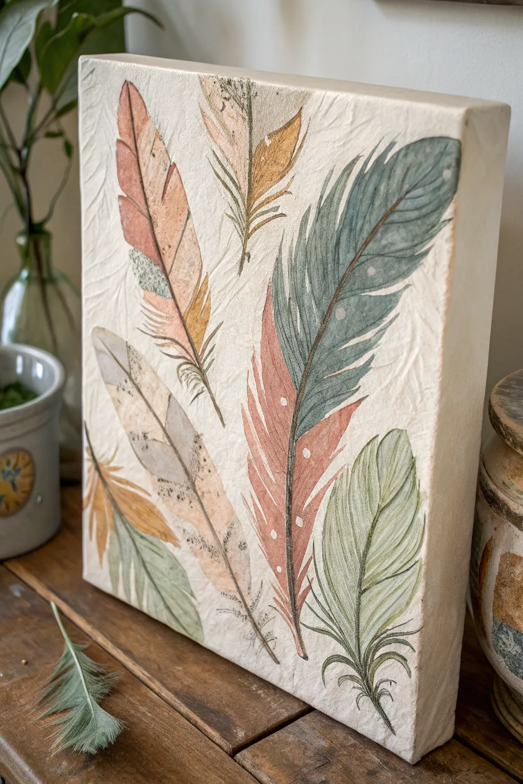 Minimalist boho canvas with layered painted feathers and tactile edges in soft earthy contrast