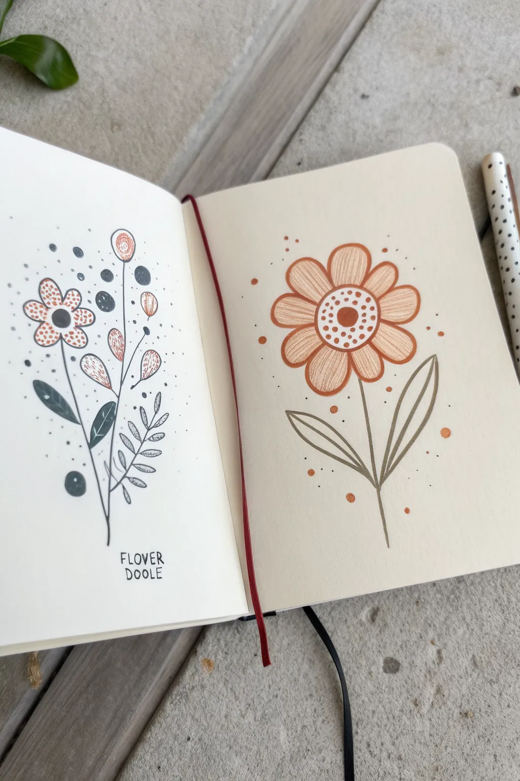 Continuous-line meets abstract blooms: two easy flower doodles in a calm minimalist sketchbook.
