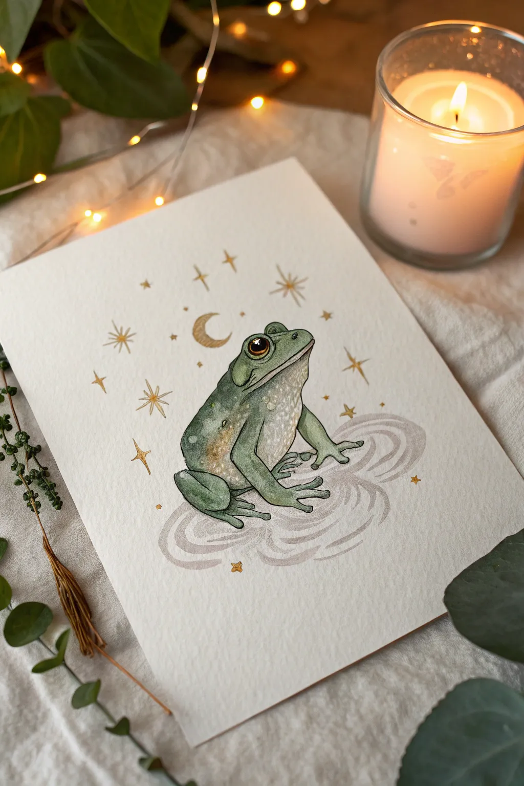 Celestial magical frog drawing inspiration with soft halo glow, floating stars, and boho sparkle