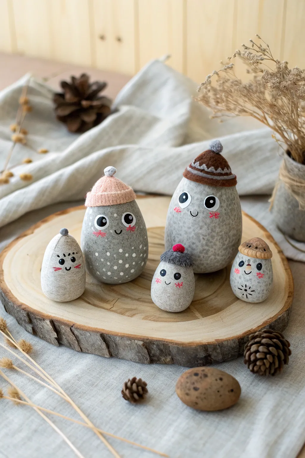 A quirky rock monster family portrait with mismatched eyes, extra arms, and silly handmade hats