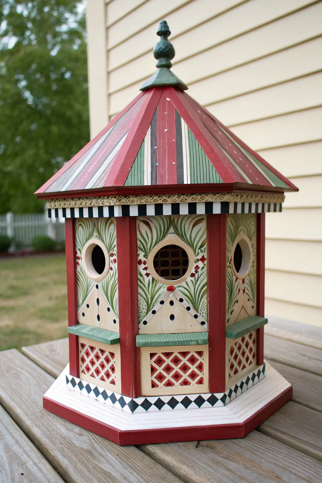 Surreal color-pop gazebo birdhouse with mixed patterns, styled on linen for minimalist boho vibes