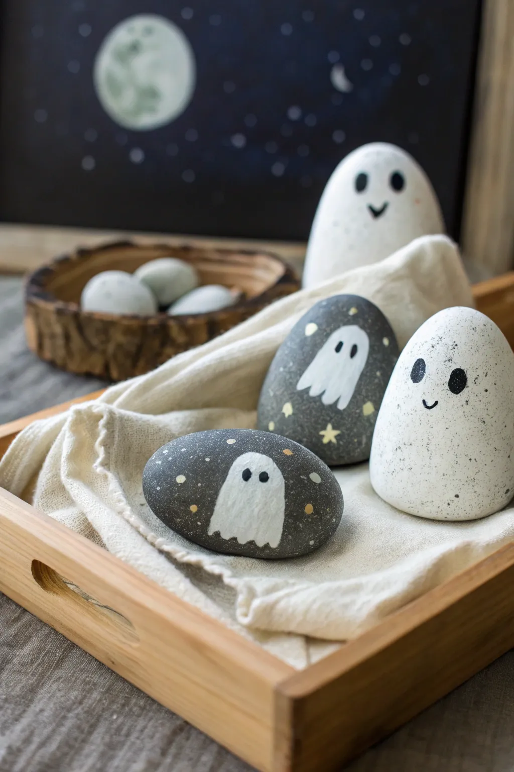 Haunted ghost rock diorama with tiny graves and moon backdrop, styled in soft minimalist tones