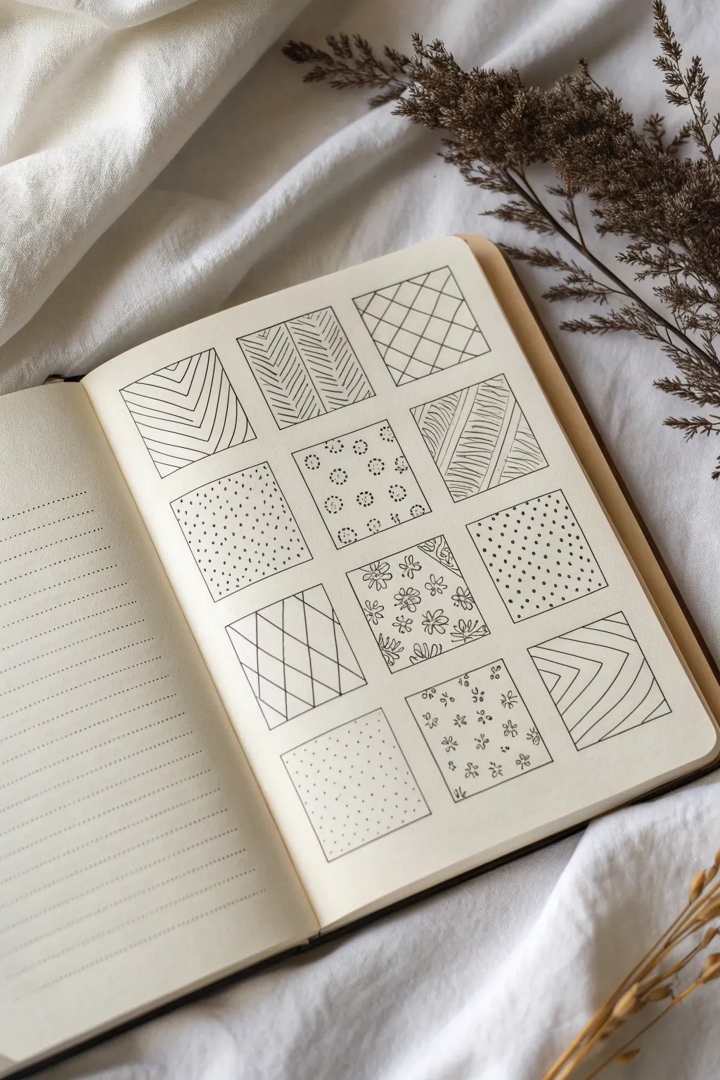 A soothing abstract grid sampler with one unique mark per square for mindful drawing warm-ups.