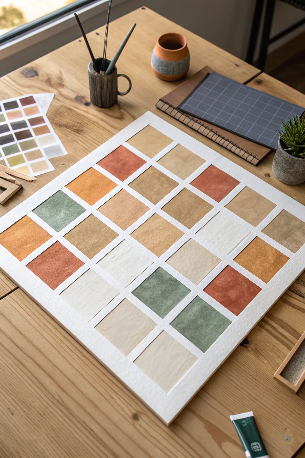 Create a tactile grid collage of painted squares for calm Scandinavian-boho decor inspiration
