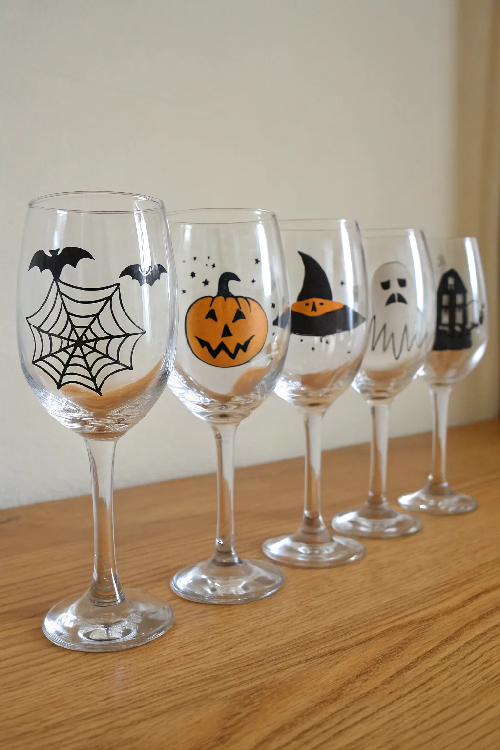 Mix-and-match Halloween wine glasses in one cohesive palette for a minimalist, giftable set