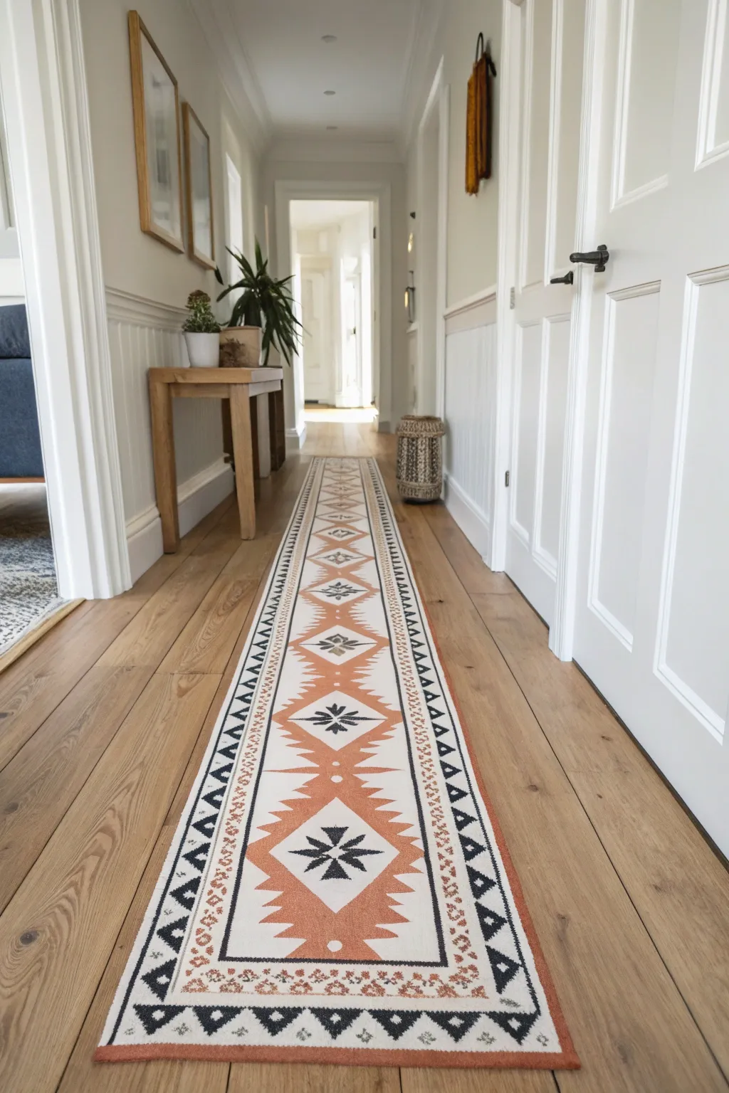 DIY wow: a stenciled faux runner that turns a plain hallway into a cozy Scandinavian moment.