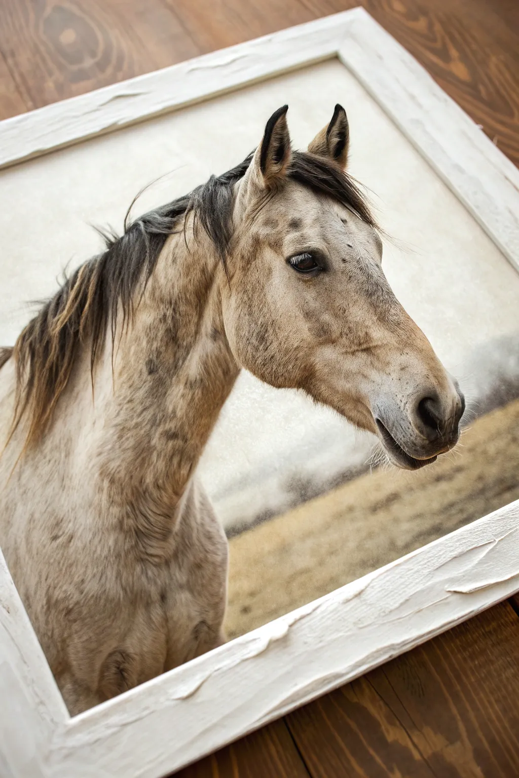 Expressive mixed-media horse portrait with torn collage textures and bold scribbled mane lines