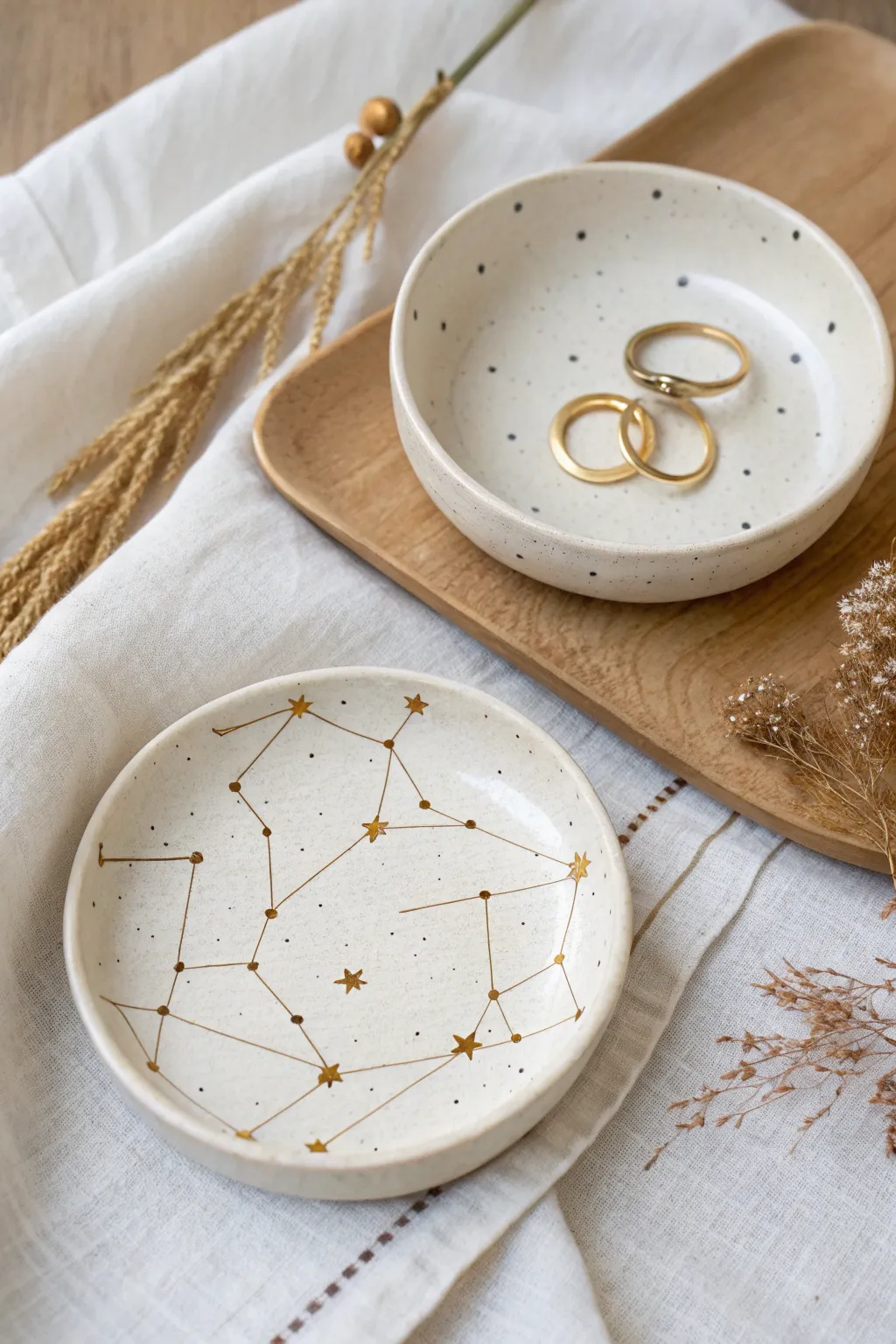 Daylight constellation dish beside a softly glowing night version, minimal styling with one ring