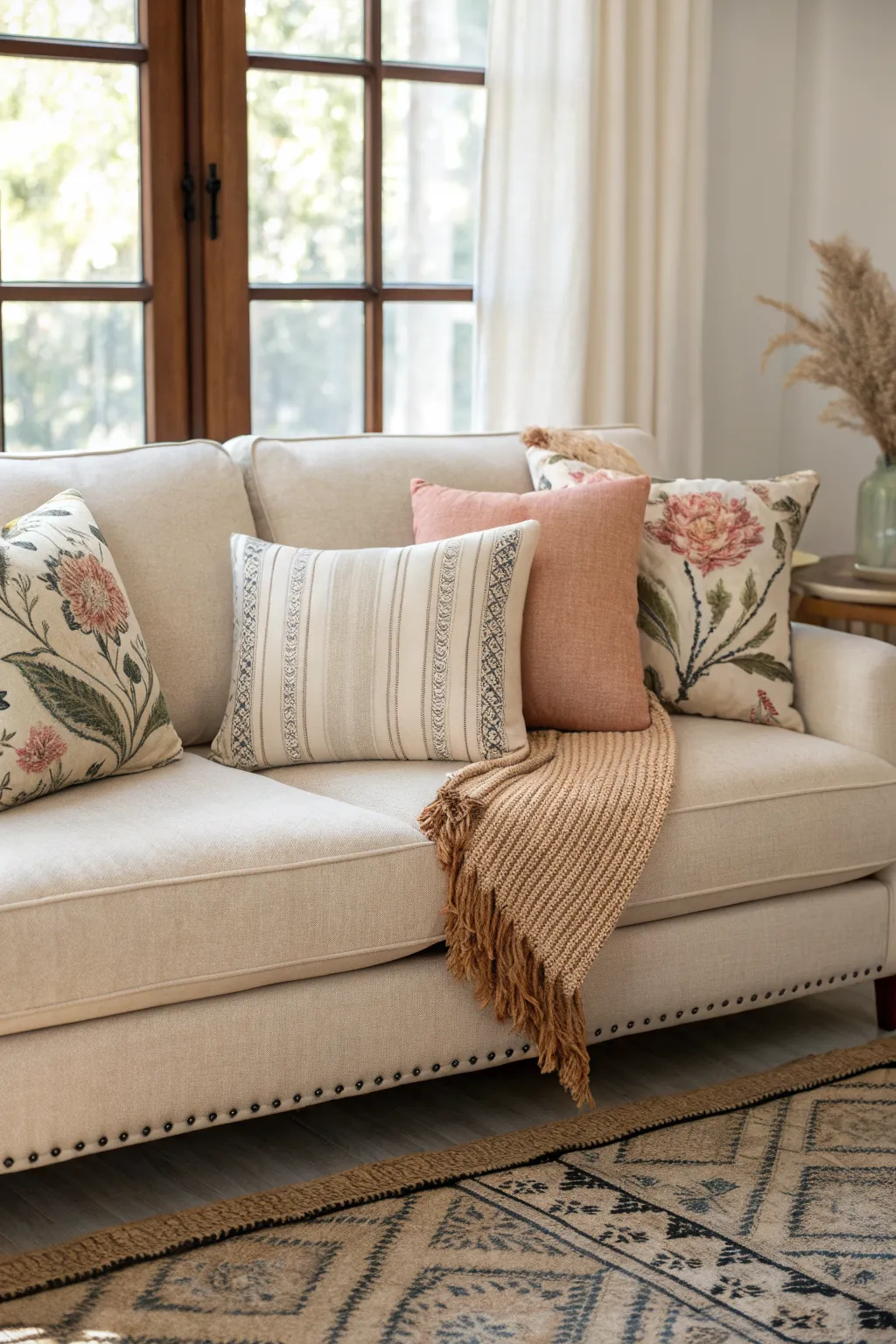 Calm pattern mixing on a neutral sofa: stripes, soft florals, and subtle geometrics in balance.