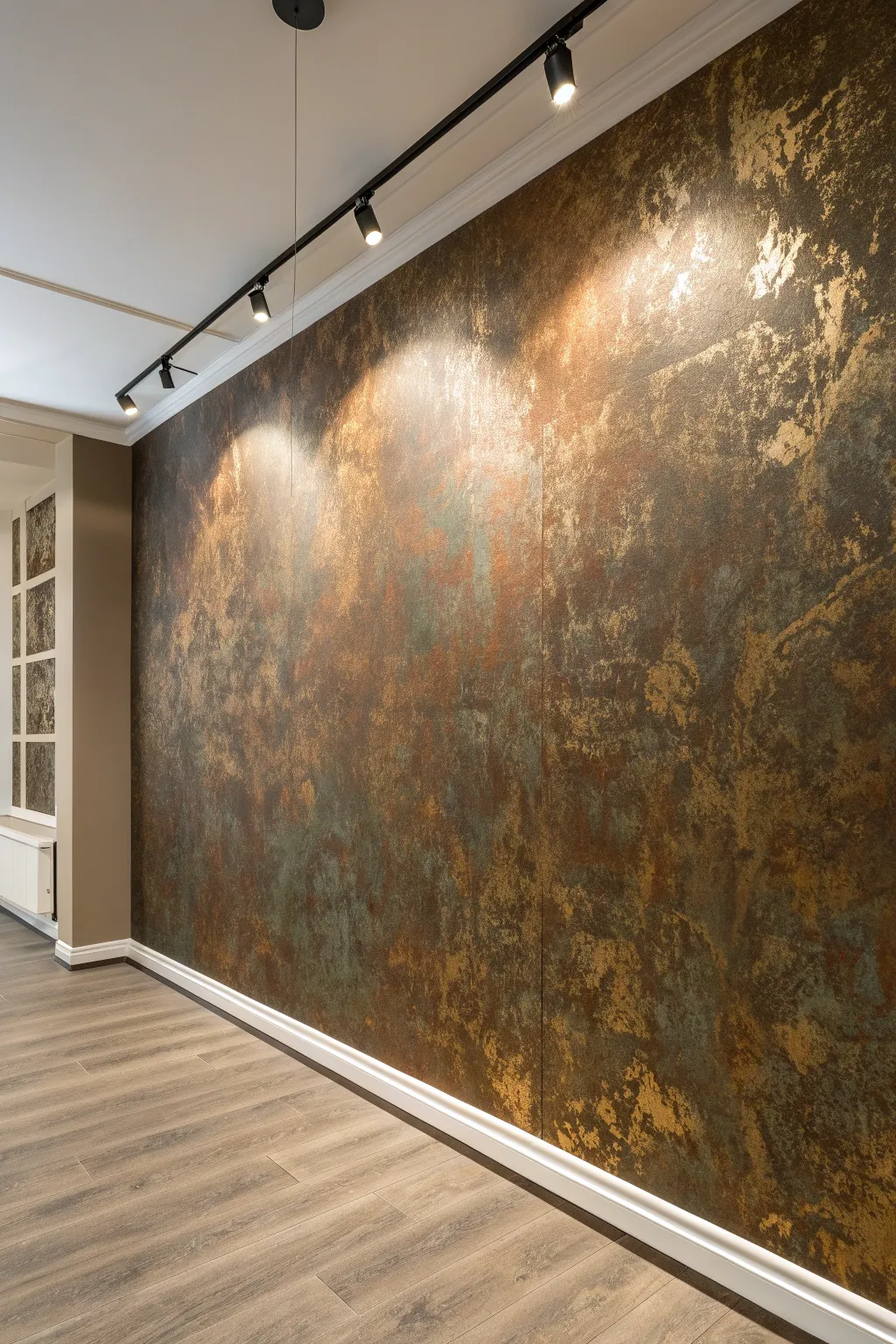 Faux patina metallic wall finish in layered copper and bronze tones for dramatic, gallery-like depth.