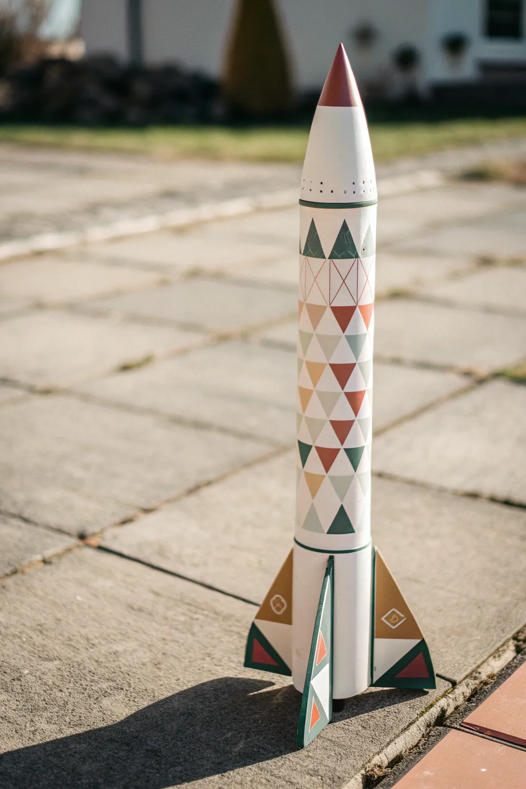 Clean geometric decal collage sealed under a glossy clear coat for a modern boho rocket