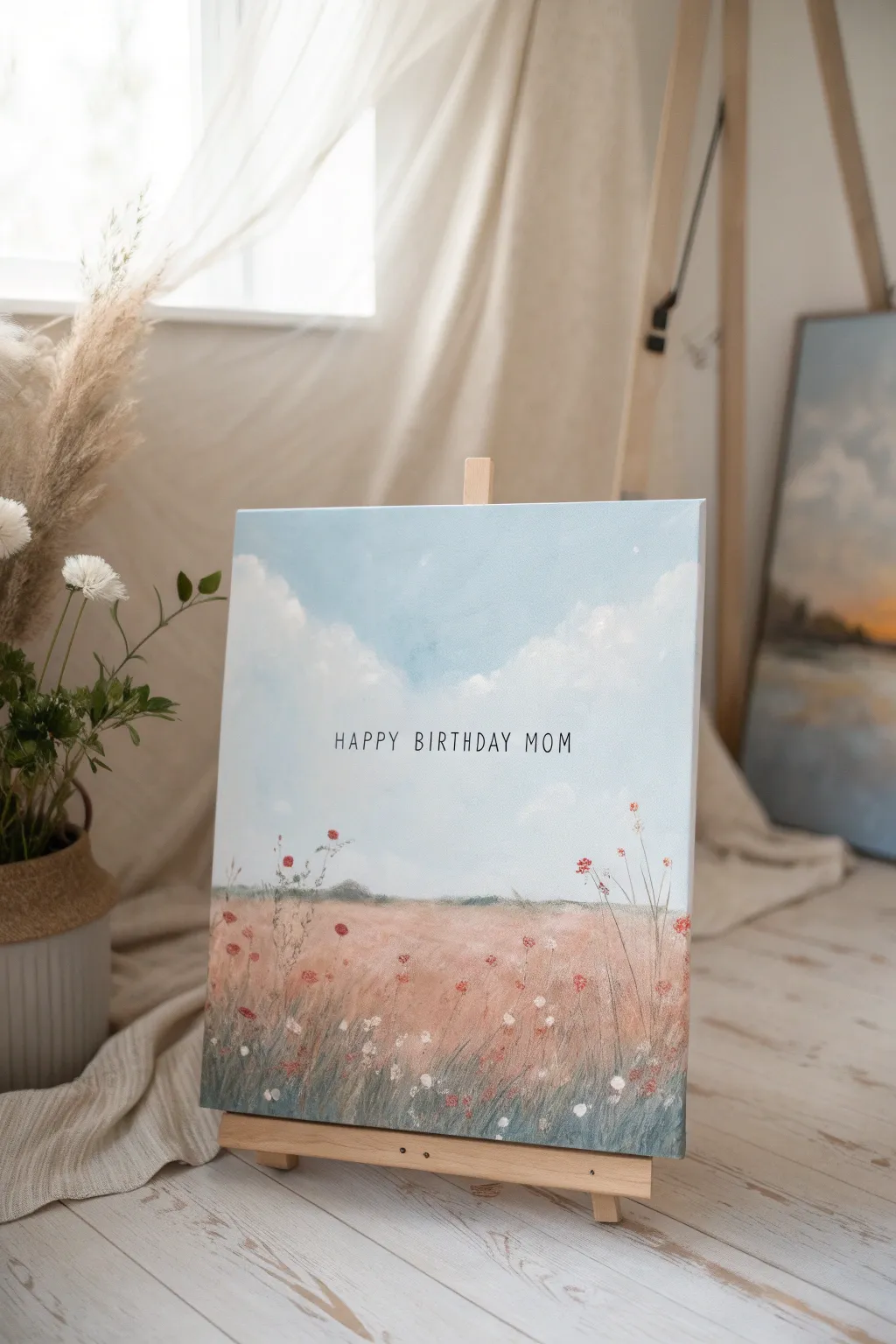 Minimalist abstract canvas with a subtle raking-light reveal of a hidden birthday message for Mom