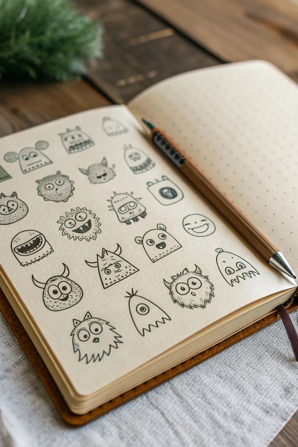 30 tiny monster doodles in a clean grid, the perfect sketchbook prompt sheet for art block