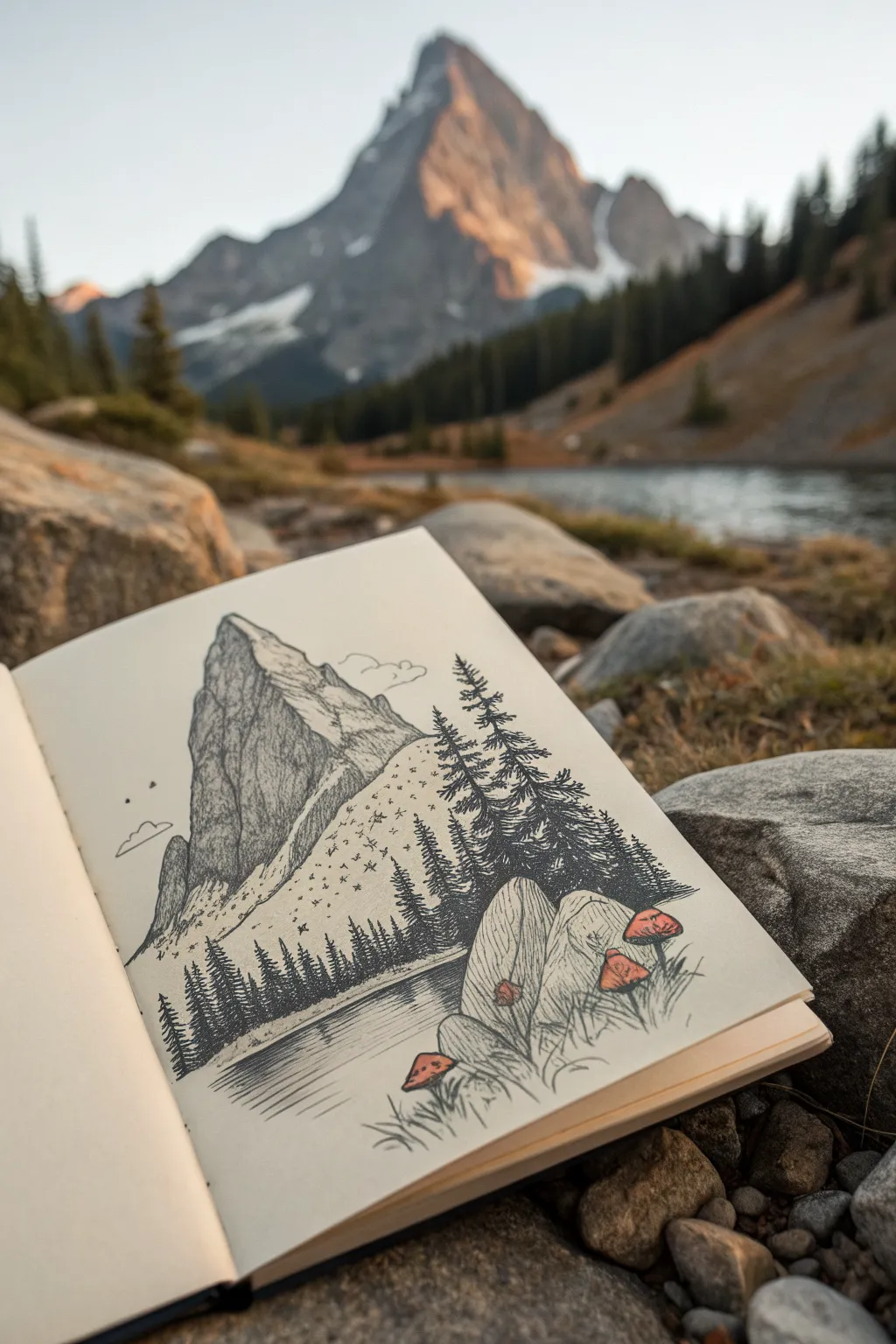 Cutaway mountain drawing idea revealing a hidden cave lake in calm minimalist boho style