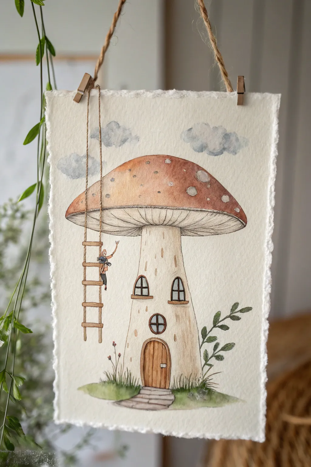 Dreamy floating mushroom house sketch with soft clouds, minimalist boho Scandinavian vibe