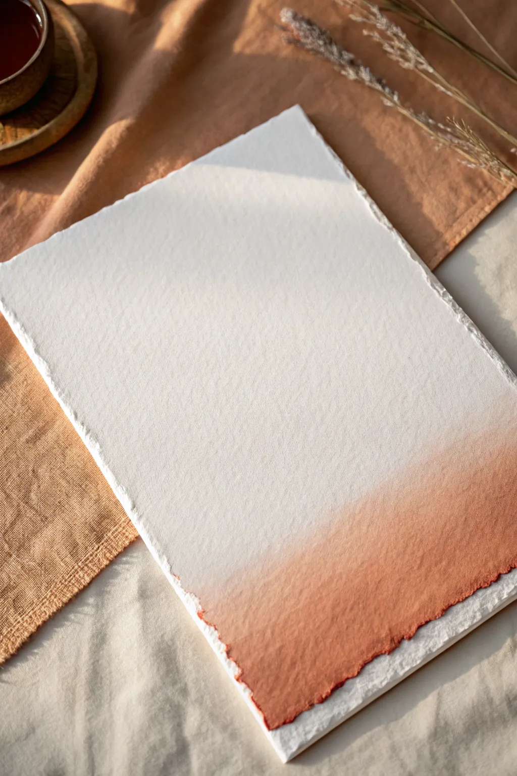 Minimalist ombre dip-dye paper edge with soft boho warmth and realistic paint pooling detail