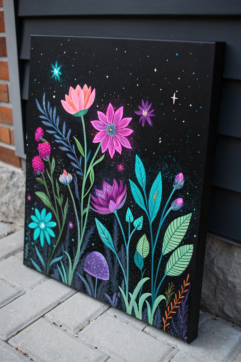 Paint a glow-in-the-dark cosmic garden with neon blooms and stars on a deep midnight canvas.