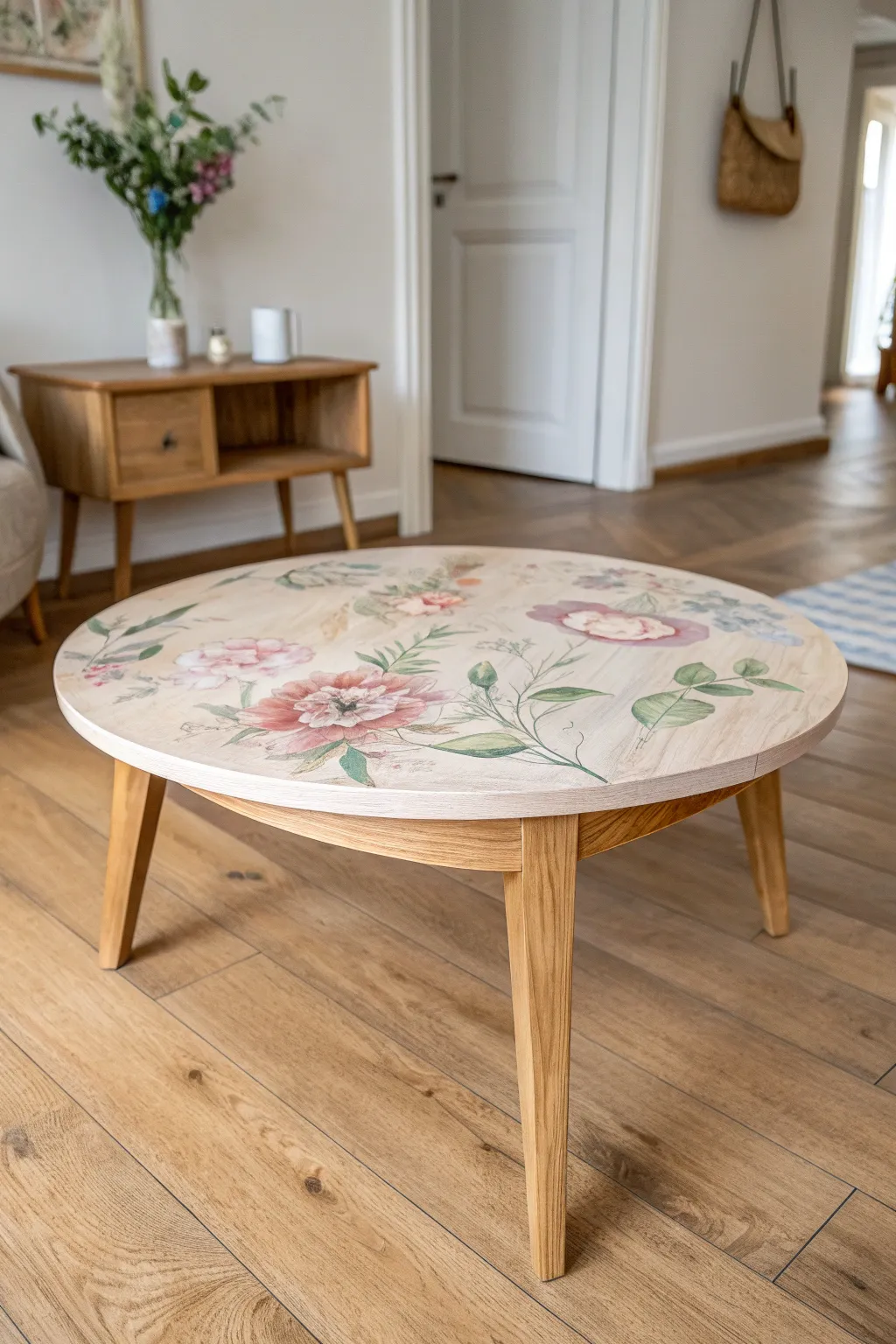 Hand-painted coffee table top turns simple furniture into functional art with soft boho florals
