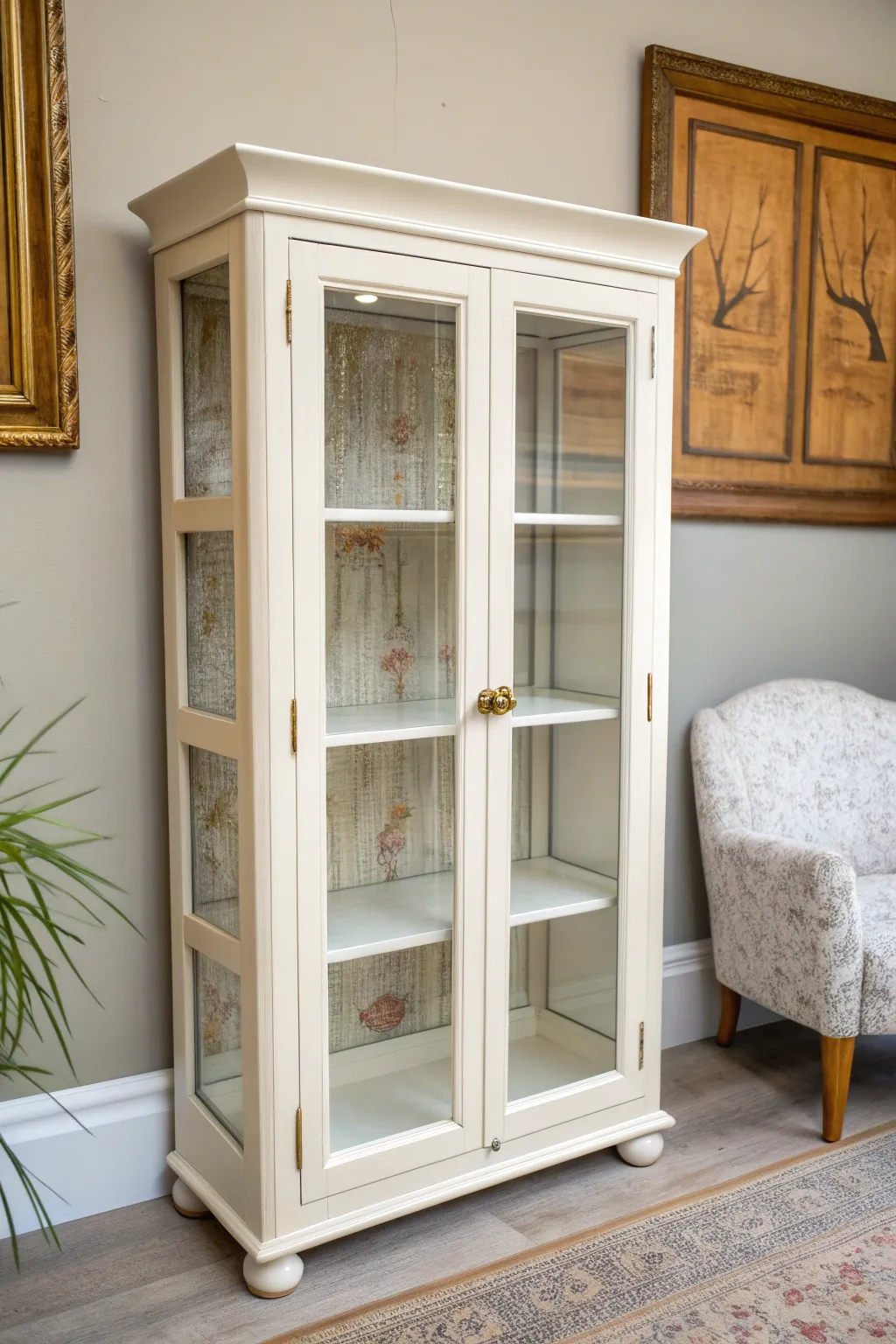 A tiny floral mural turns the curio cabinet back panel into framed art behind glass.