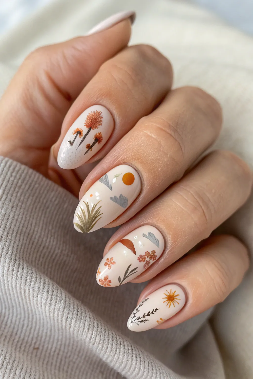 Tiny hand-painted landscapes on long nails in a minimalist boho palette, like mini masterpieces.