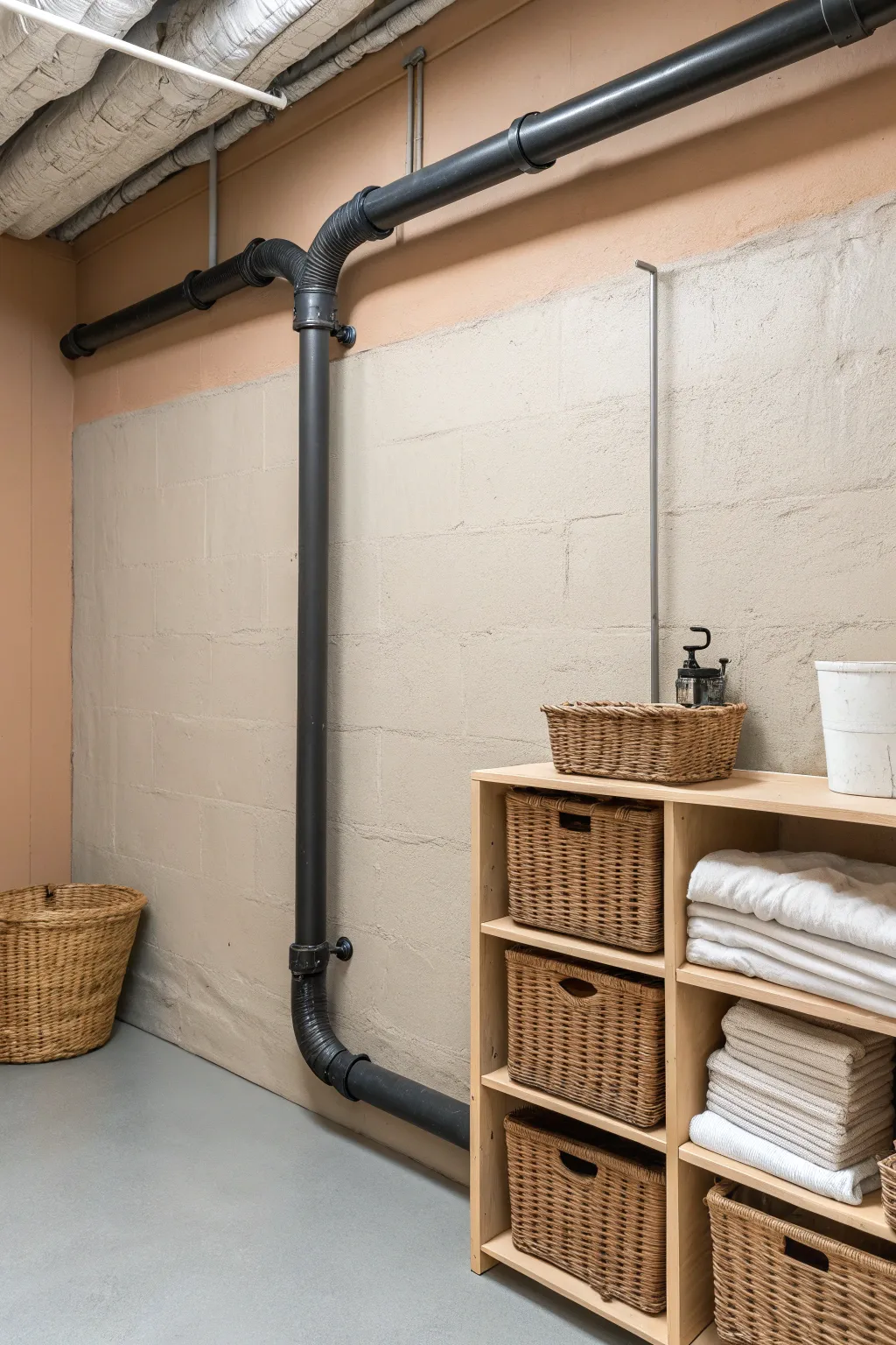 Painted concrete and pipes in calm tones turn a basement wall into a minimalist showpiece.