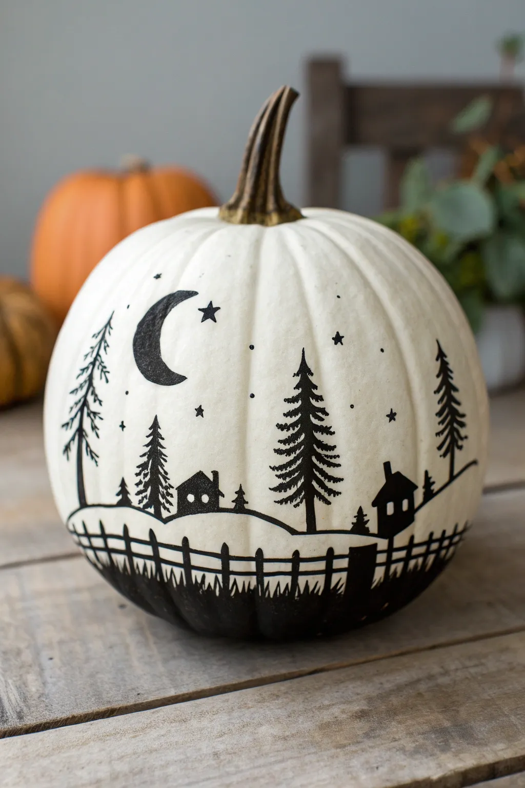 White pumpkin with a black negative-space silhouette band, cozy minimalist fall storybook vibe
