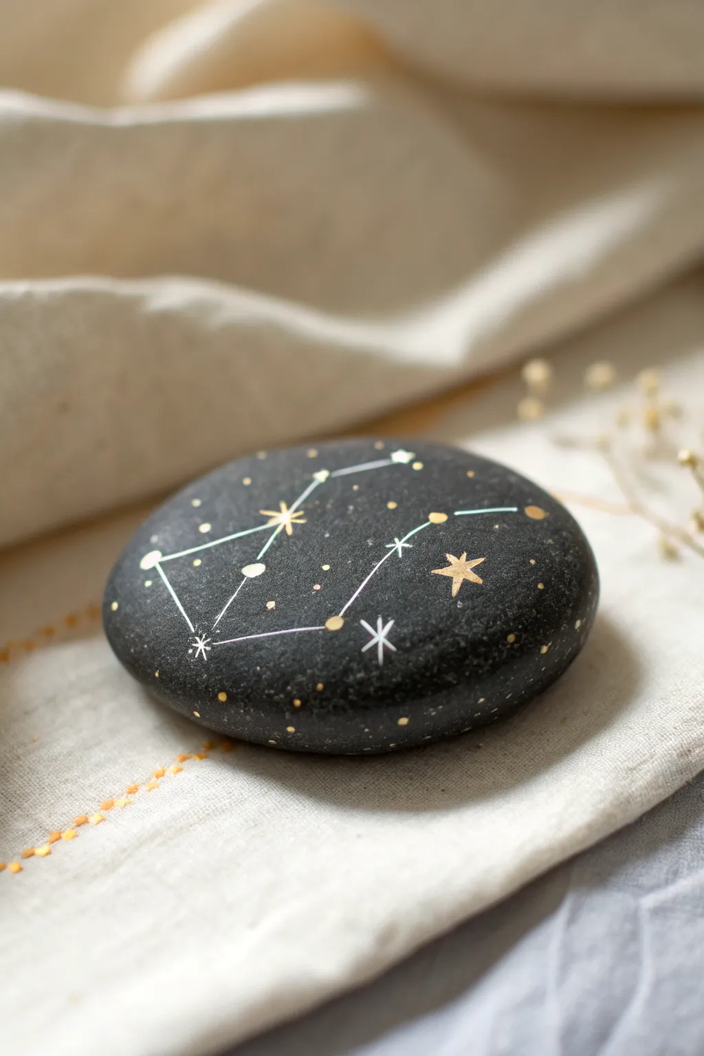 Paint a night-sky constellation on one dark pebble for a minimalist, glowing boho accent.
