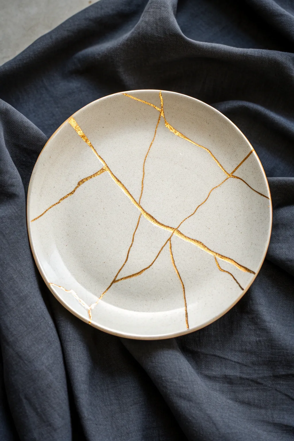 Faux kintsugi crack lines on a minimalist plate, glowing gold against dark linen contrast